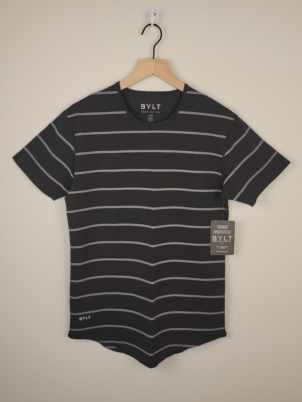 NWT BYLT Basics LUX Striped Drop-Cut Tee Charcoal Black Curved Hem Men S